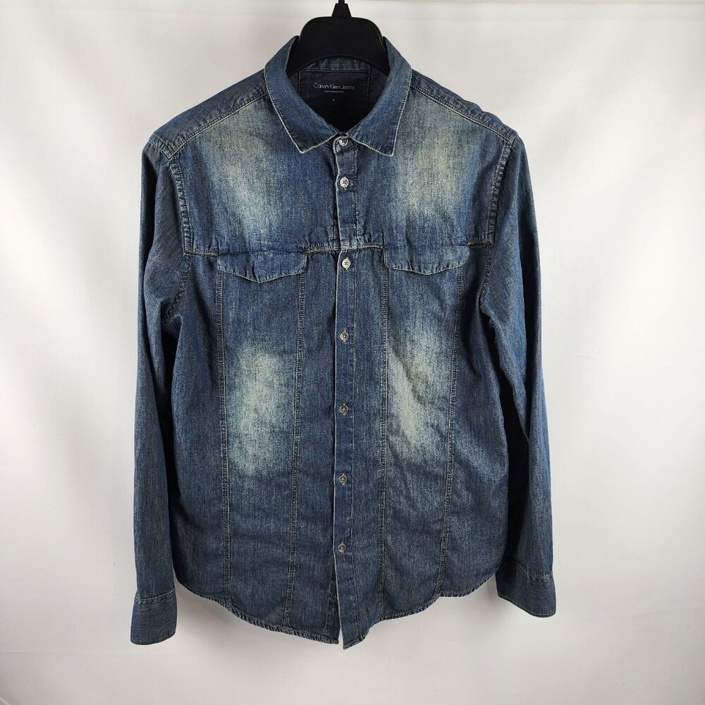 Calvin Klein Shirt Mens M Chambray Denim Blue Long Sleeve 100% Cotton